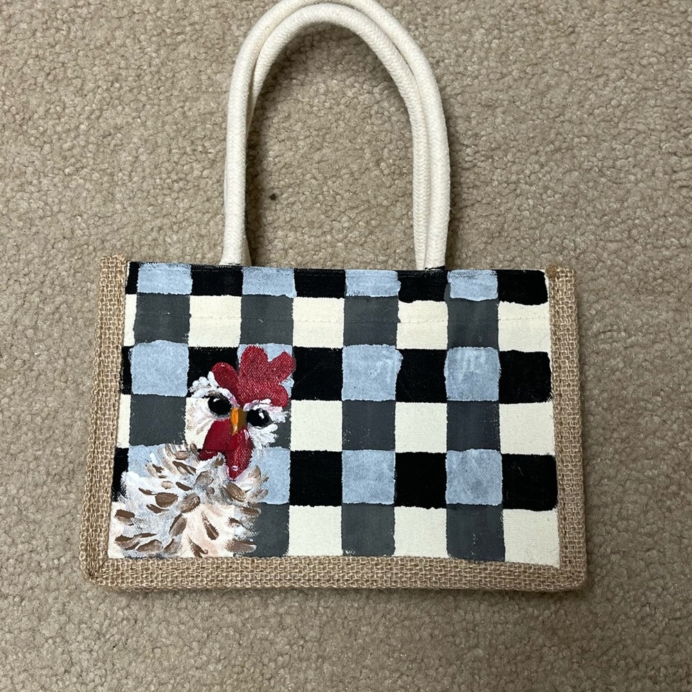 Handcrafted Chicken Design Checkered Tote Bag